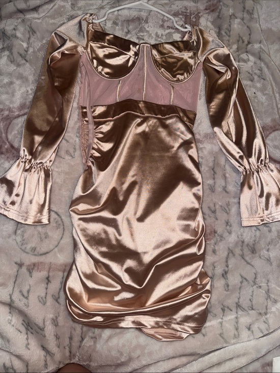 PrettyLittleThing Dresses & Skirts - PrettyLittleThing Rose Gold Satin Long Sleeve Corset Mini Dress